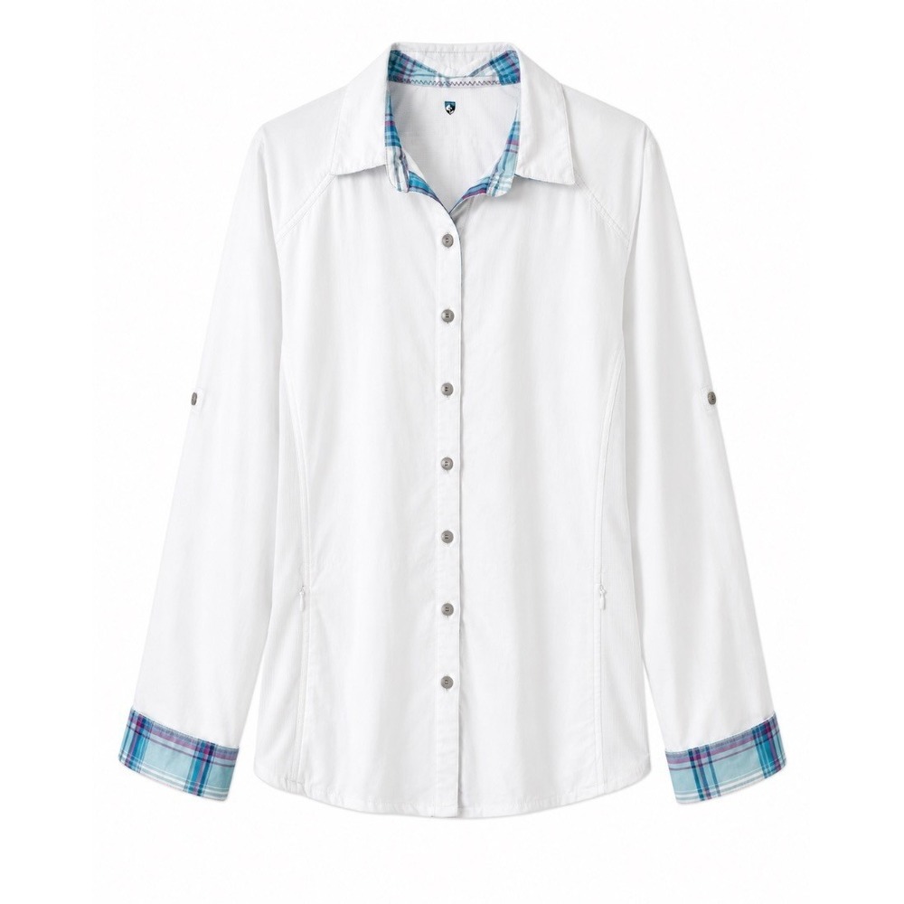 Kuhl Womens White Button Up Shirt Blouse Plaid Trim Zip Pockets Long Sleeve L
